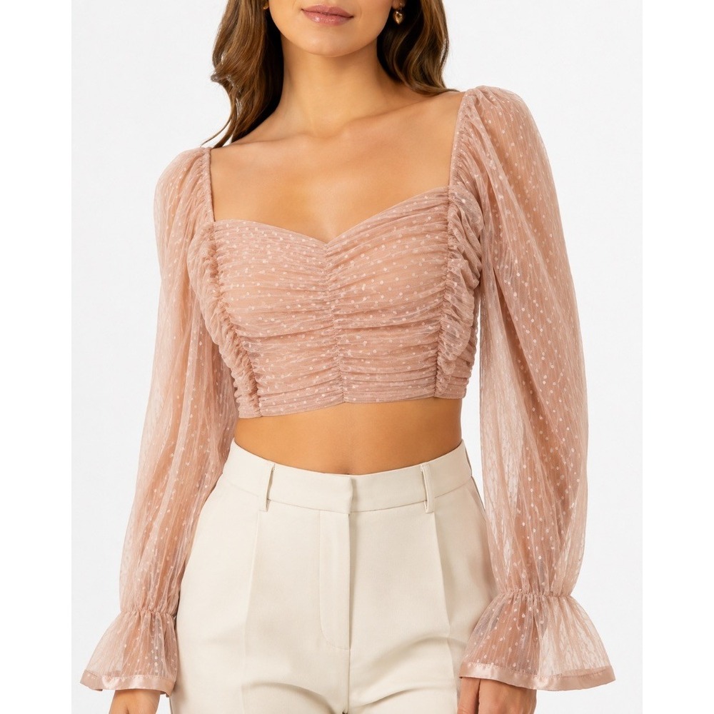 Love X Design Womens Blouse Top Dusty Rose Polka Dot Mesh Ruched Bell Sleeve L